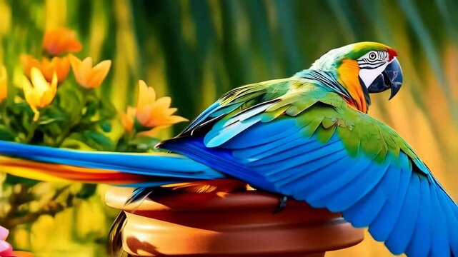 Colorful parrot perched on a decorative pot surrounded by vibrant flowers in a sunny garden