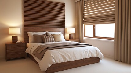 Fototapeta premium Modern bedroom interior with wooden headboard design, soft lighting, and comfortable bedding creating a relaxing atmosphere.