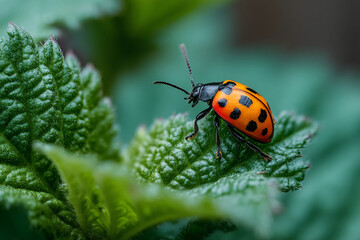 Obraz premium Close-up of orange insect with black spots on green leaf, showcasing vibrant colors and intricate details of nature, representing the beauty of wildlife