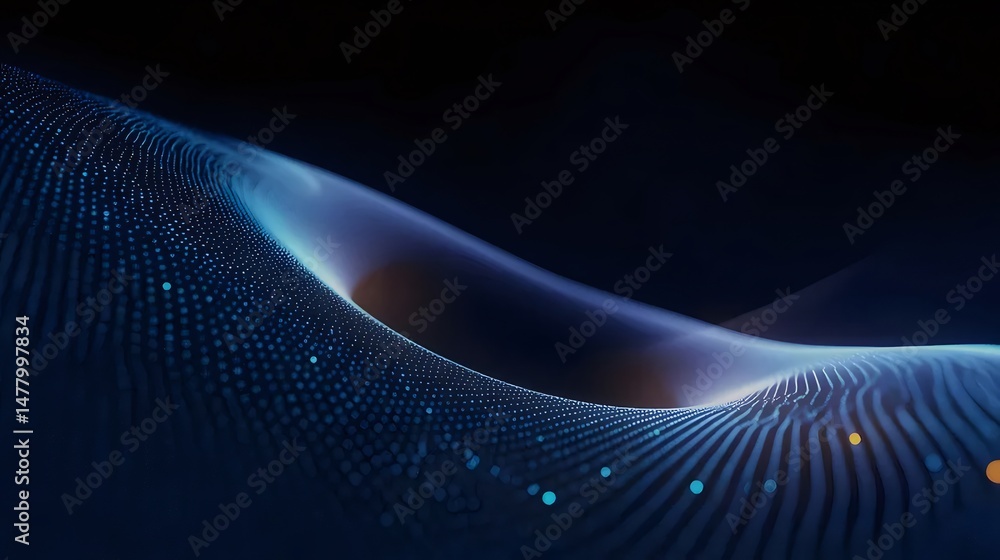 Poster wavy abstract background with blue light and dot grid pattern for modern technology or futuristic de