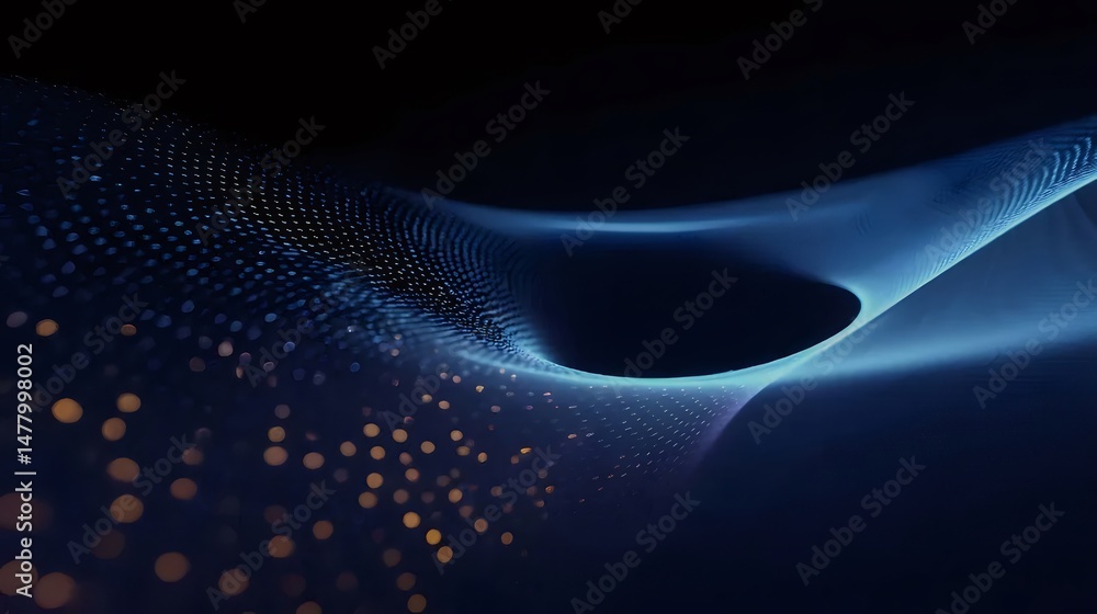 Poster abstract blue wave background with glowing dots in dark backdrop