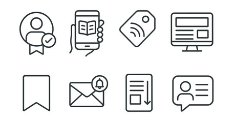 Line style icons of blog readers: returning visitor badge, reading on mobile icon, RSS feed tag, desktop article layout, save for later symbol, email notification badge, scroll depth indicator,