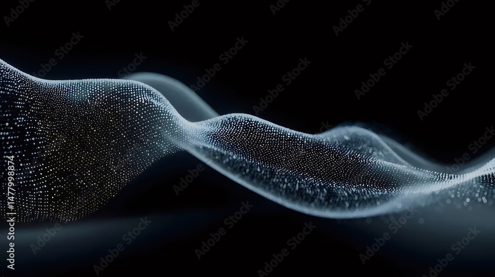 Poster abstract wavy particle flow with light dots on dark background data stream visualization in a futuri