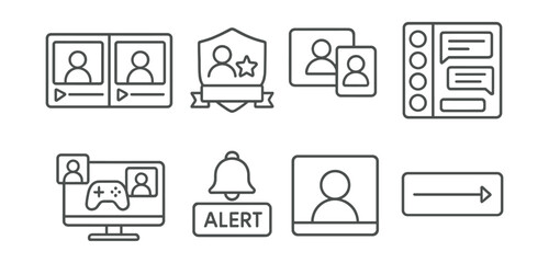 Line style icons of collaborative streaming: dual stream layout, guest streamer badge, collab thumbnail frame, multi-chat integration, group gaming overlay, shared alert tag, guest camera icon,