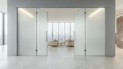 Modern, minimalist interior view of a spacious office.