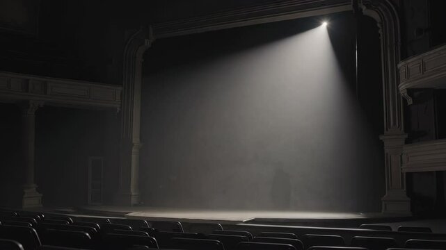 Empty theatre stage illuminated by single spotlight with smoke
