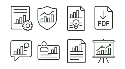 Line style icons of reporting and presentation: report builder icon, data slide badge, insights summary sheet, PDF export symbol, chart annotations bubble, presenter mode tag, weekly report file,