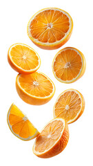 flying orange and half slices isolated on transparent background Remove png, Clipping Path