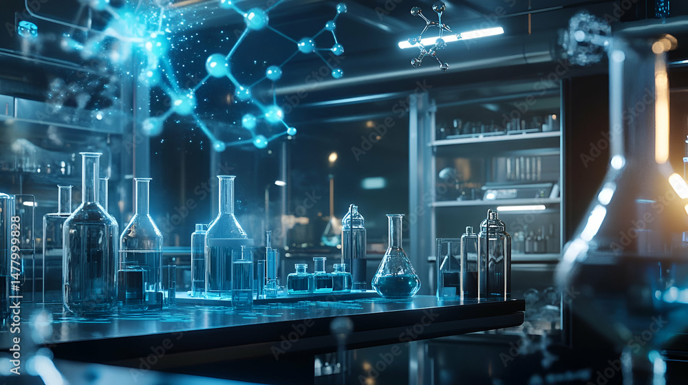 Poster modern science laboratory with glowing molecular structure