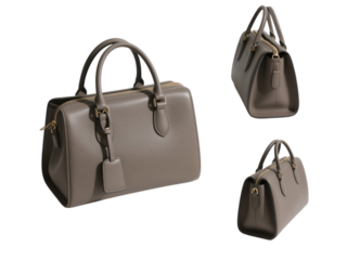 Leather barrel bag in taupe, transparent background