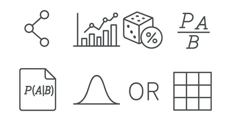 Line style icons of probability stats: probability tree icon, event outcome chart, dice + probability badge, chance calculation formula, conditional probability file, probability curve, odds ratio