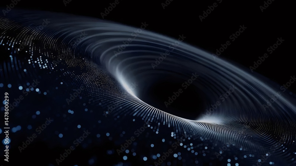 Poster abstract black hole in dark space with swirling geometric data points and futuristic glowing effect 