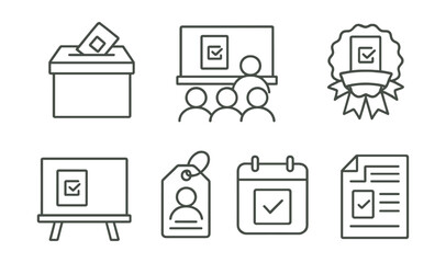 Line style icons of youth voting education: mock election box, classroom ballot icon, student voter ID, first-time voter badge, civic class chalkboard, youth voter guide tag, registration event