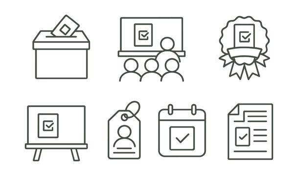 Line style icons of youth voting education: mock election box, classroom ballot icon, student voter ID, first-time voter badge, civic class chalkboard, youth voter guide tag, registration event