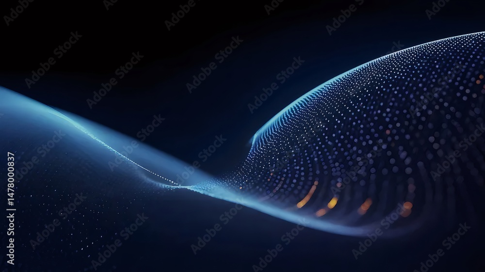 Poster abstract wavy pattern in dark blue tones digital background futuristic design with glowing dots and 