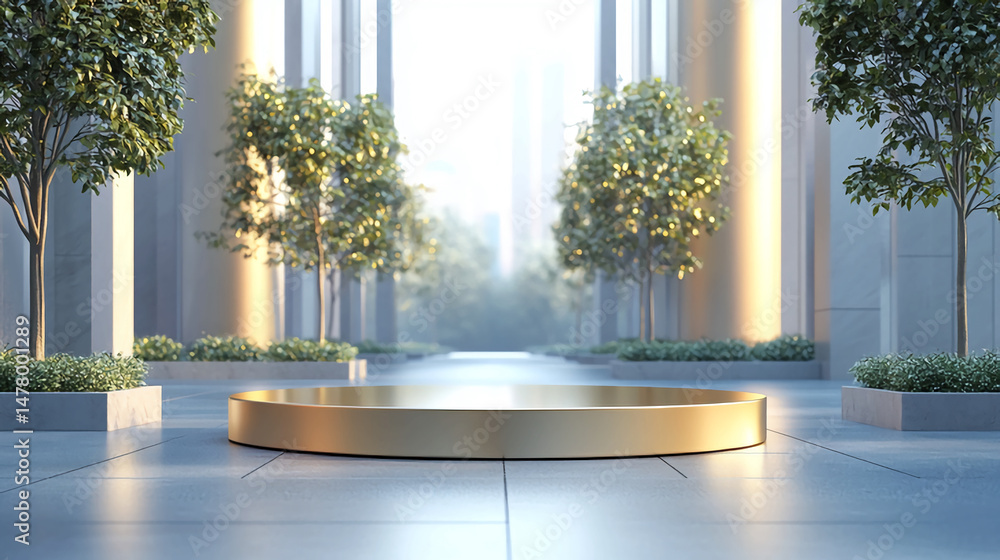 Poster golden podium product display with trees and light for presentation and advertisement background 3d 