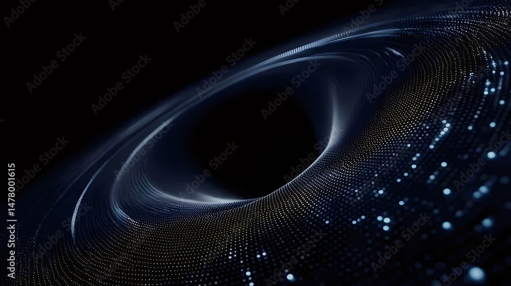 Poster abstract black hole in deep space with swirling blue light and pixelated texture on a dark backgroun