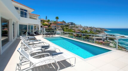 Modern beachfront estate with panoramic ocean views.