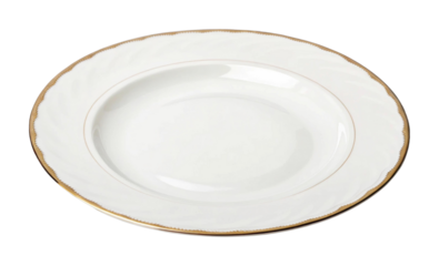 PNG Elegant white ceramic dinner plate with gold trim design