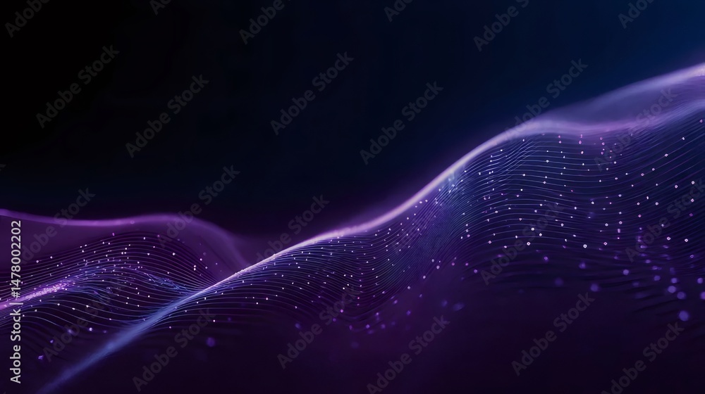 Poster abstract purple wave background with glowing light network connection and futuristic design on dark 