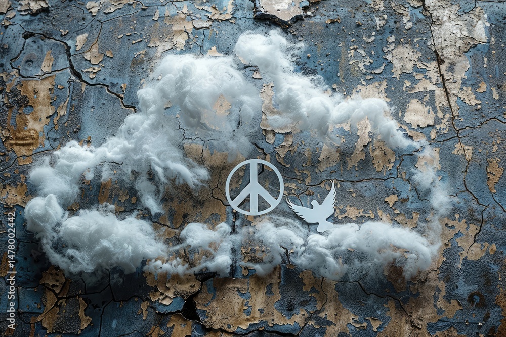 Poster a textured background displays peaceful symbols of clouds and a dove.