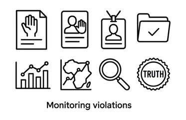Line style icons of monitoring violations: human rights report file, abuse documentation icon, rights witness badge, evidence log folder, data on violations graph, country risk chart, investigation