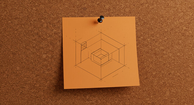 Isometric Drawing on Orange Note, Corkboard
