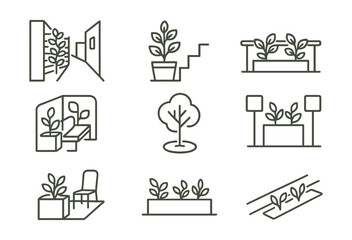 Line style icons of greening in compact spaces: alley greening board, stair landing pot icon, rail divider with plants, green corner seat badge, tiny shade tree tag, planter between signs file, mini