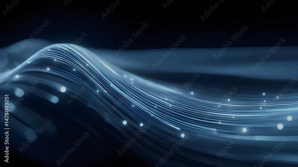 Poster abstract blue wave with digital network data stream flow and futuristic light on black background in