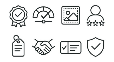 Line style icons of trust indicators: verified source badge, transparency trust meter, content origin stamp, user rating icon, source disclosure tag, trusted partner symbol, reviewed tag, platform