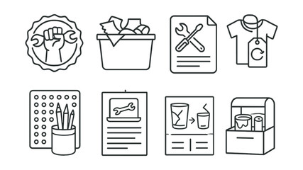 Line style icons of upcycling and repair: fix-it club badge, fabric scrap bin icon, repair guide file, reused t-shirt bag tag, DIY pencil holder board, tech repair workshop flyer, before-after reuse