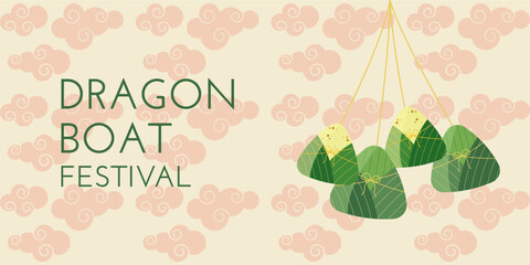 Dragon Boat Festival background with zongzi, rice, Chinese clouds and pattern light green color. Vector illustration for Duanwu Festival