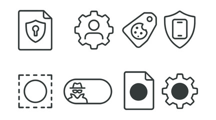 Line style icons of privacy and control: privacy overview sheet, control your data gear, cookie preferences tag, app permissions badge, digital boundary icon, anonymized mode toggle, tracking opt-out