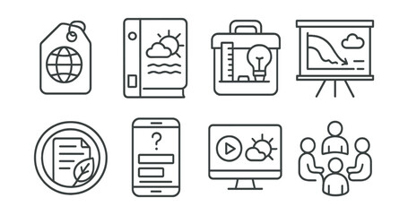 Line style icons of climate literacy education: climate change glossary tag, school unit file, teacher toolkit icon, class infographic board, lesson plan badge, student quiz screen, visual explainer