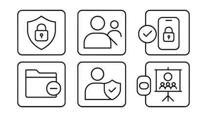 Line style icons of social media boundaries: private account badge, no follower pressure icon, friend request filter tag, message screen lock, limit interactions file, safe profile symbol, story