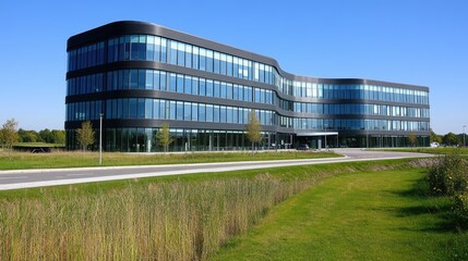 Modern office building with a curved facade.