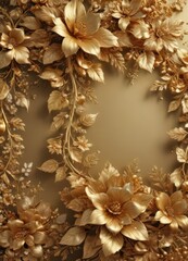 Luxurious gold floral backdrop; elegant blooms & leaves shimmer ,  motif,  design,  celebration