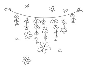 Spring hand-drawn linear vector garland of leaves, petals on a thread. For postcards, coloring books.
