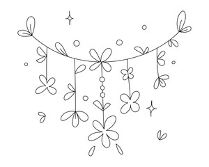 Linear vector flower garland of leaves, petals on a thread. For postcards, coloring books.