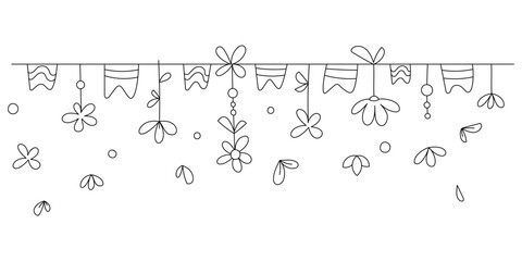 Long spring summer garland with flowers, flags. Black and white illustration for design of postcards, banners, leaflets, invitations, coloring books