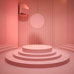 Fototapeta premium Minimalistic pink studio setting featuring a circular backdrop and tiered podium.