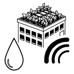 Green rooftop farming system icon with a building top vector. Smart rooftop agriculture system logo.