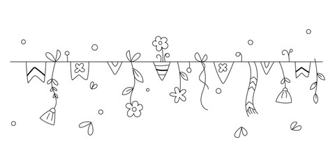 Long spring summer garland with flowers, flags. Black and white illustration for design of postcards, banners, leaflets, invitations, coloring books