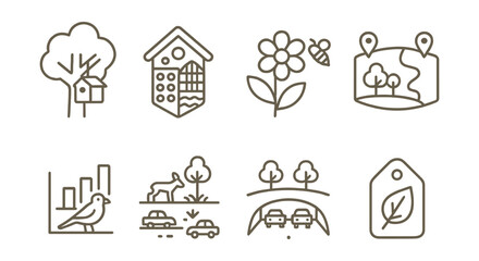 Line style icons of city nature connections: bird box in tree icon, insect hotel badge, pollinator patch tag, wildlife corridor map, urban biodiversity chart, animal crossings in city, green bridge