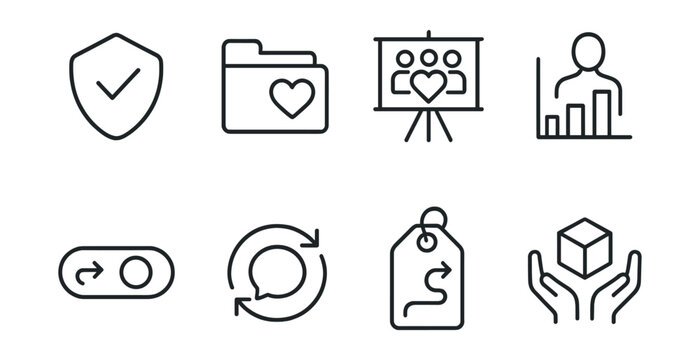 Line style icons of redesign for dignity: anti-harm audit badge, kindness-first file, design with community board, “treat as human” chart, from extractive to supportive toggle, inclusive feedback