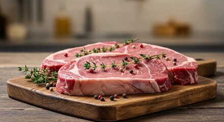 Raw Steak Slices on a Wooden Cutting Board