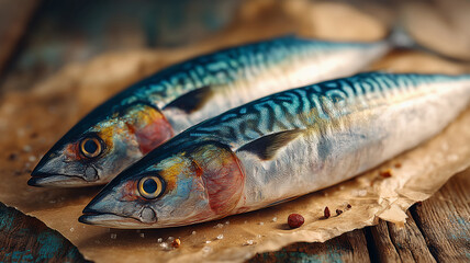 Fresh raw mackerel fish on rustic wooden table with spices and paper