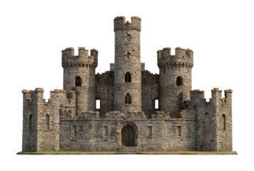 PNG Medieval stone castle with towers and arched doorway in front view