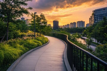 Obraz premium Curved Pathway Through Green Park with City Buildings and Vivid Sunset Scenery