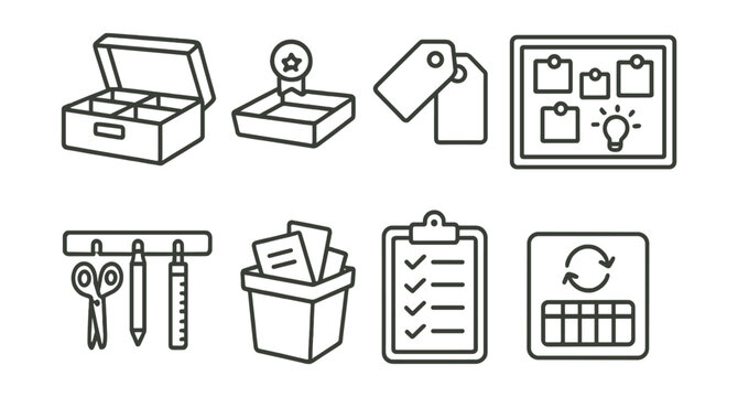 Line style icons of creative space organization: craft storage box icon, project tray badge, label tags chart, inspiration pin board, tool rack symbol, scrap bin file, supplies checklist board, - Powered by Adobe